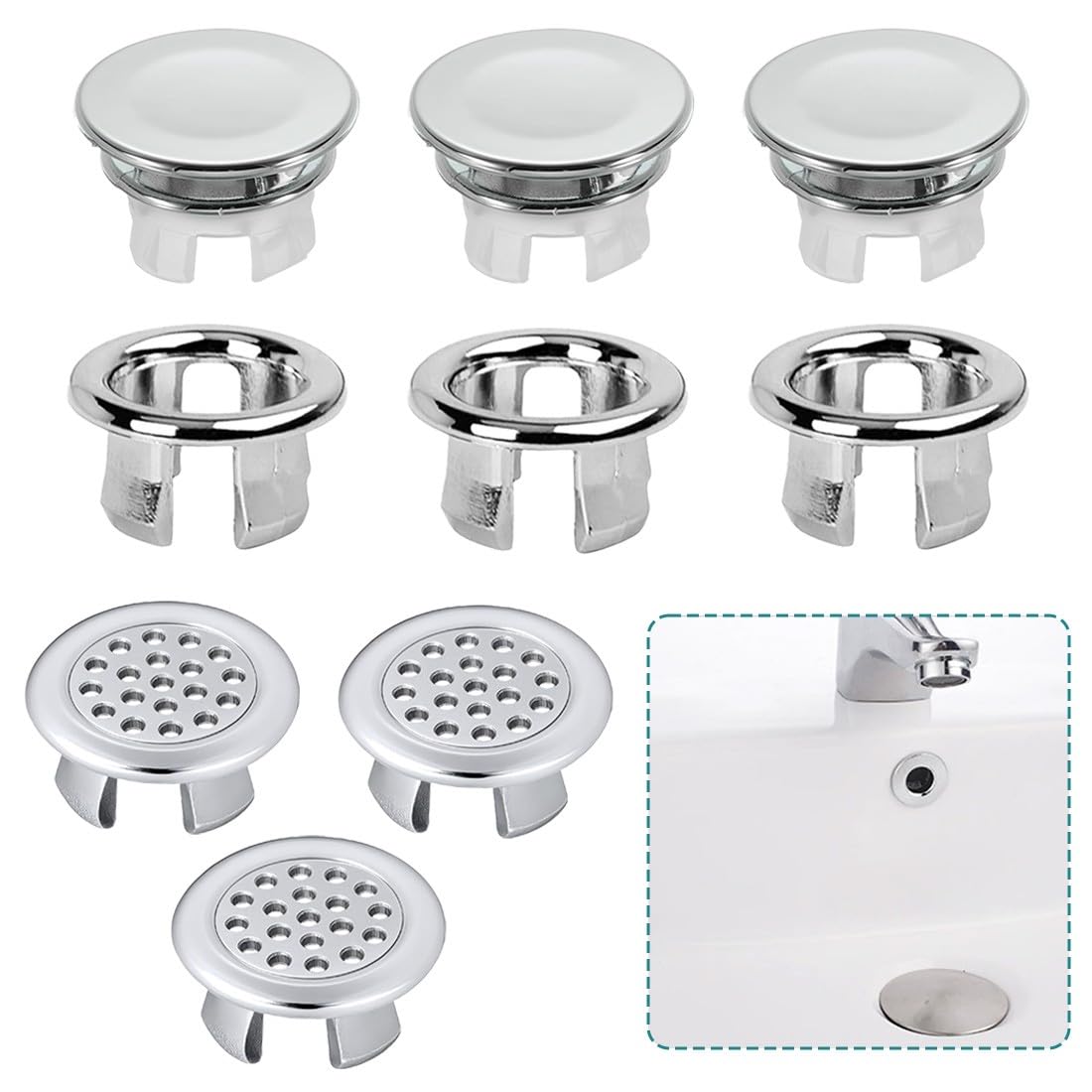 Embellecedor Lavabo Agujero, Tapa Rebosadero Lavabo, Anillo Desbordamiento, 9 Piezas para Baño o Cocina