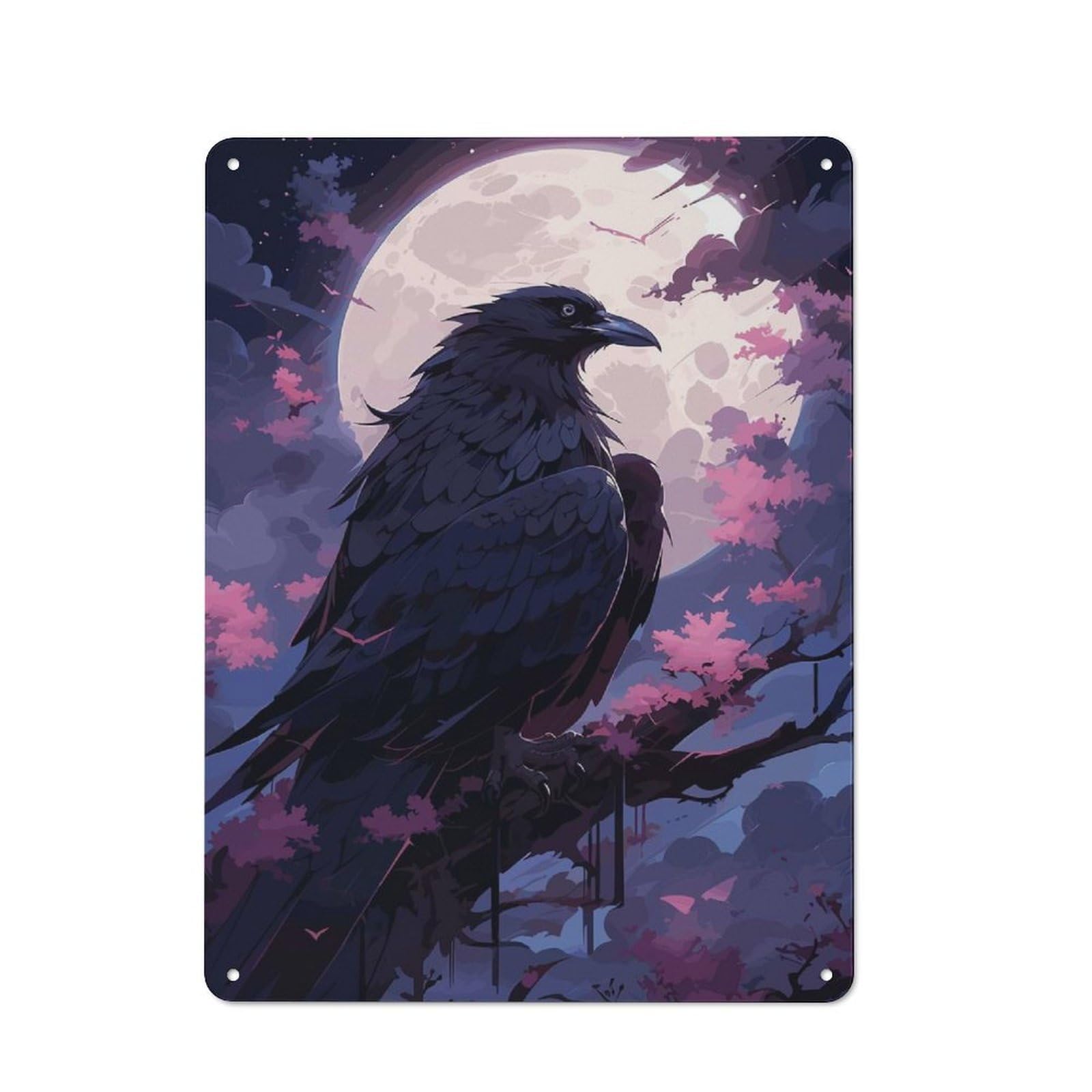 Junmoney Celestial Crow Ethereal Tin Sign With Design 40X30cm, Weathered Look Shed Wall Plaque For Tool Room, Garage, Studio Or Home Bar