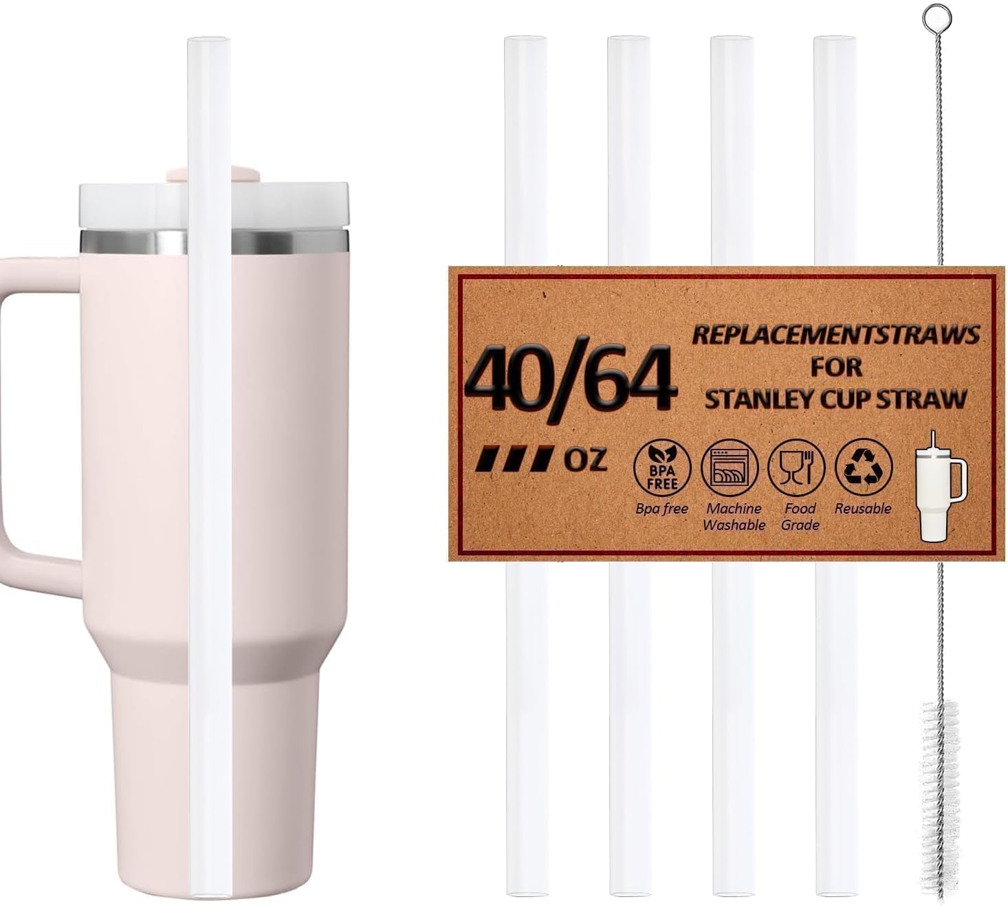 4 Pack Reusable Straws for Stanley Quencher H2.0 Tumbler 30oz | 40oz | 64oz, for Stanley Cup Accessories๏ผFood Grade & BPA Free, Machine washable๏ผfor 40/64oz, Transparent White๏ผ