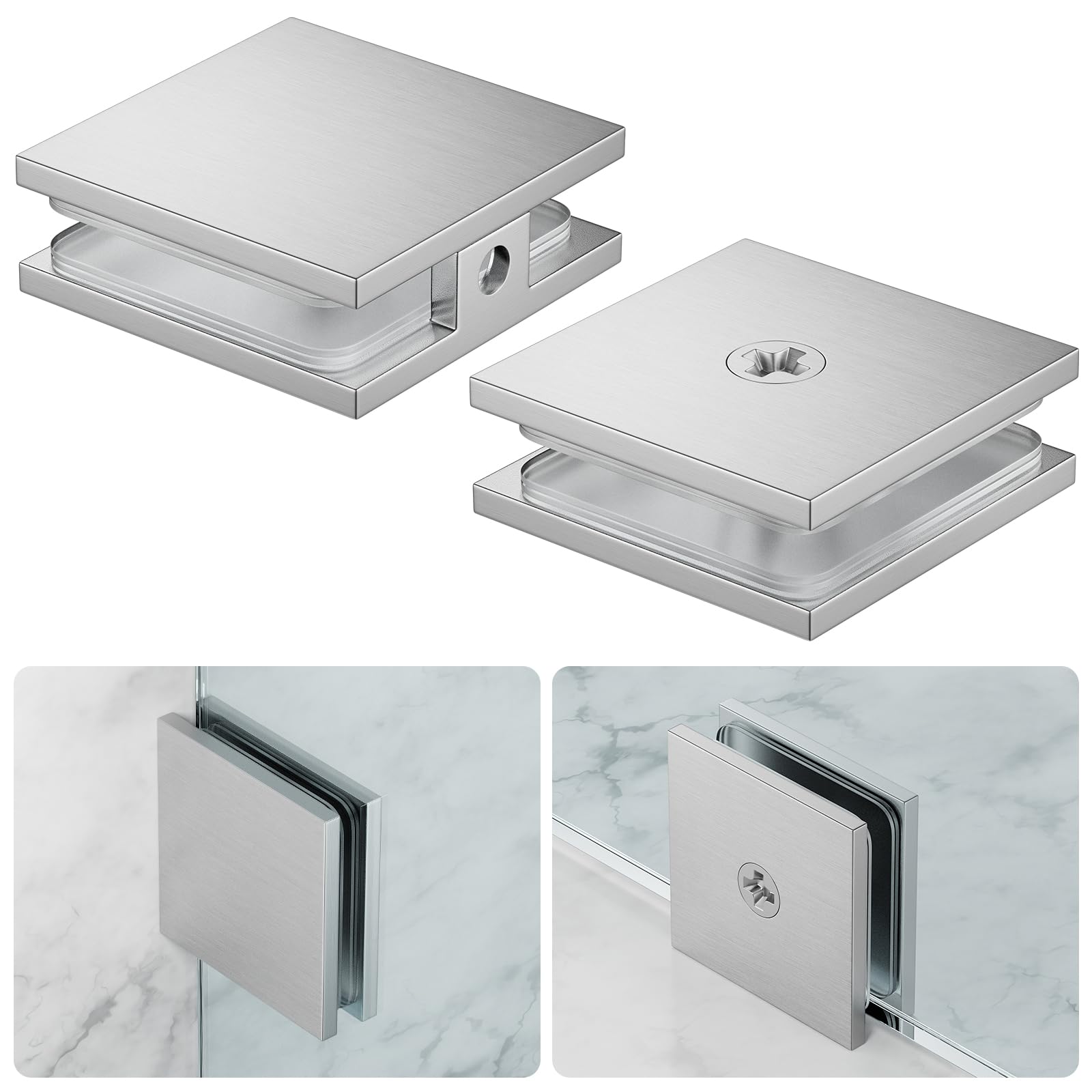 Ranbo Solid Brass Shower Glass Clamp, 0° Fixed Panel U-Clamp for Bathroom,Fits 5/16"–1/2" (8–12 mm) Thick Panels, Wall/Floor to Glass Mount Bracket, Brushed Nickel Finish (2-Pack)