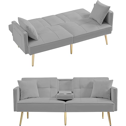 Modern Velvet Upholstered Convertible Folding Futon Sofa Bed Adjustable Recliner Lounge Loveseat Couch Sofacama with Golden Metal Legs, 2 Cup Holders ,Throw Pillows for Living Room Apartment Office