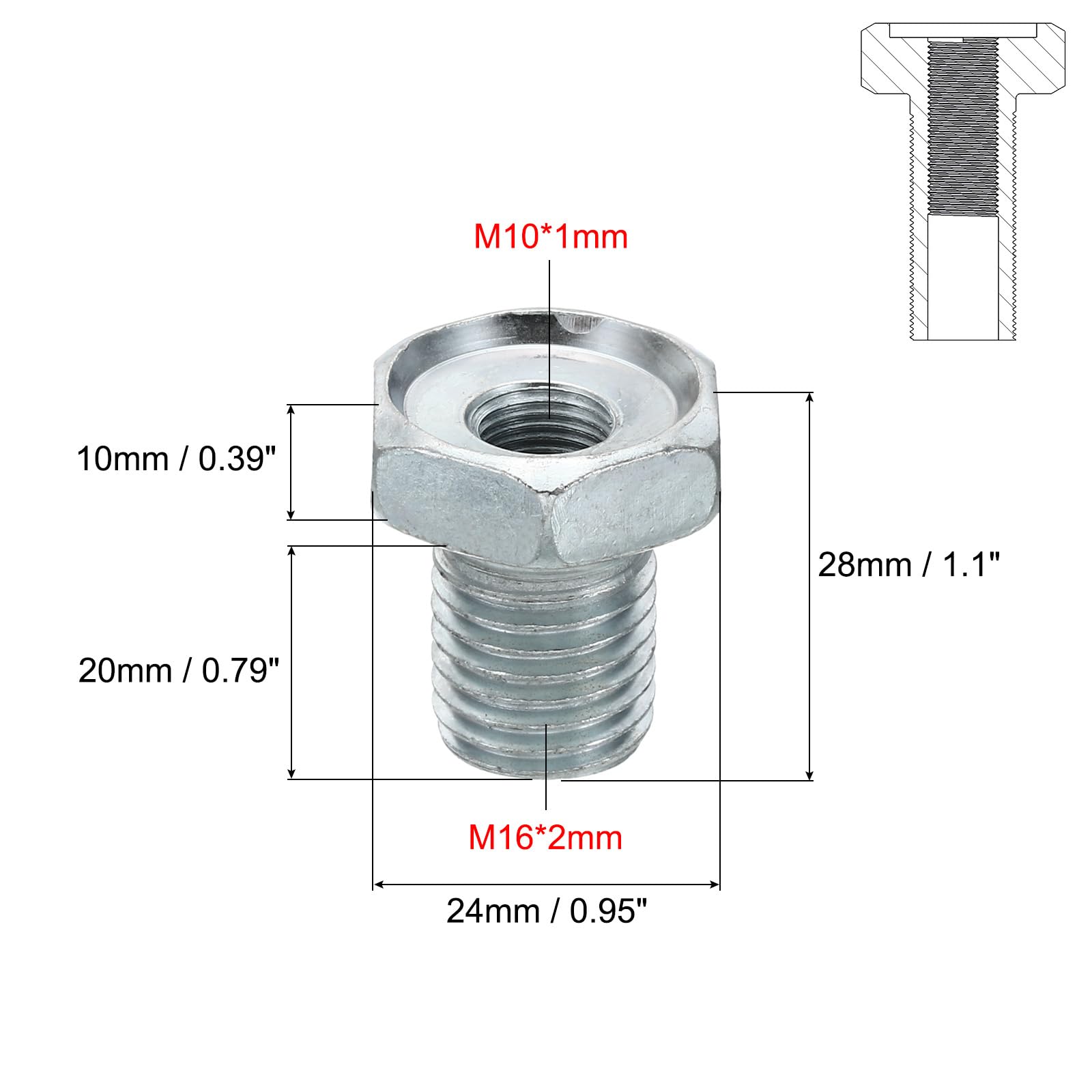 PATIKIL M16x2 to M10x1 Hex Thread Reducing Connector - Image 2