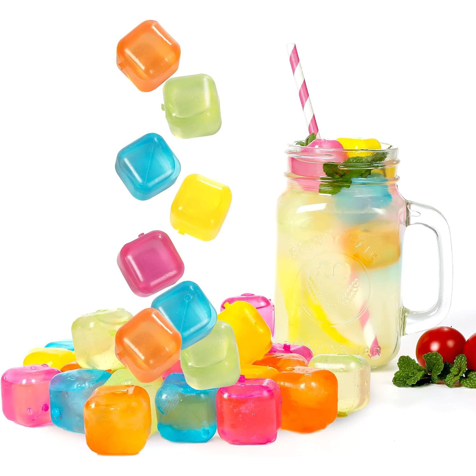 Tazweeq24 Pcs Reusable Plastic Ice Cubes, Refreezable Ice Cubes for Drinks, Whiskey, Beer or Coffee, Washable, Non-Melting, Assorted Colours