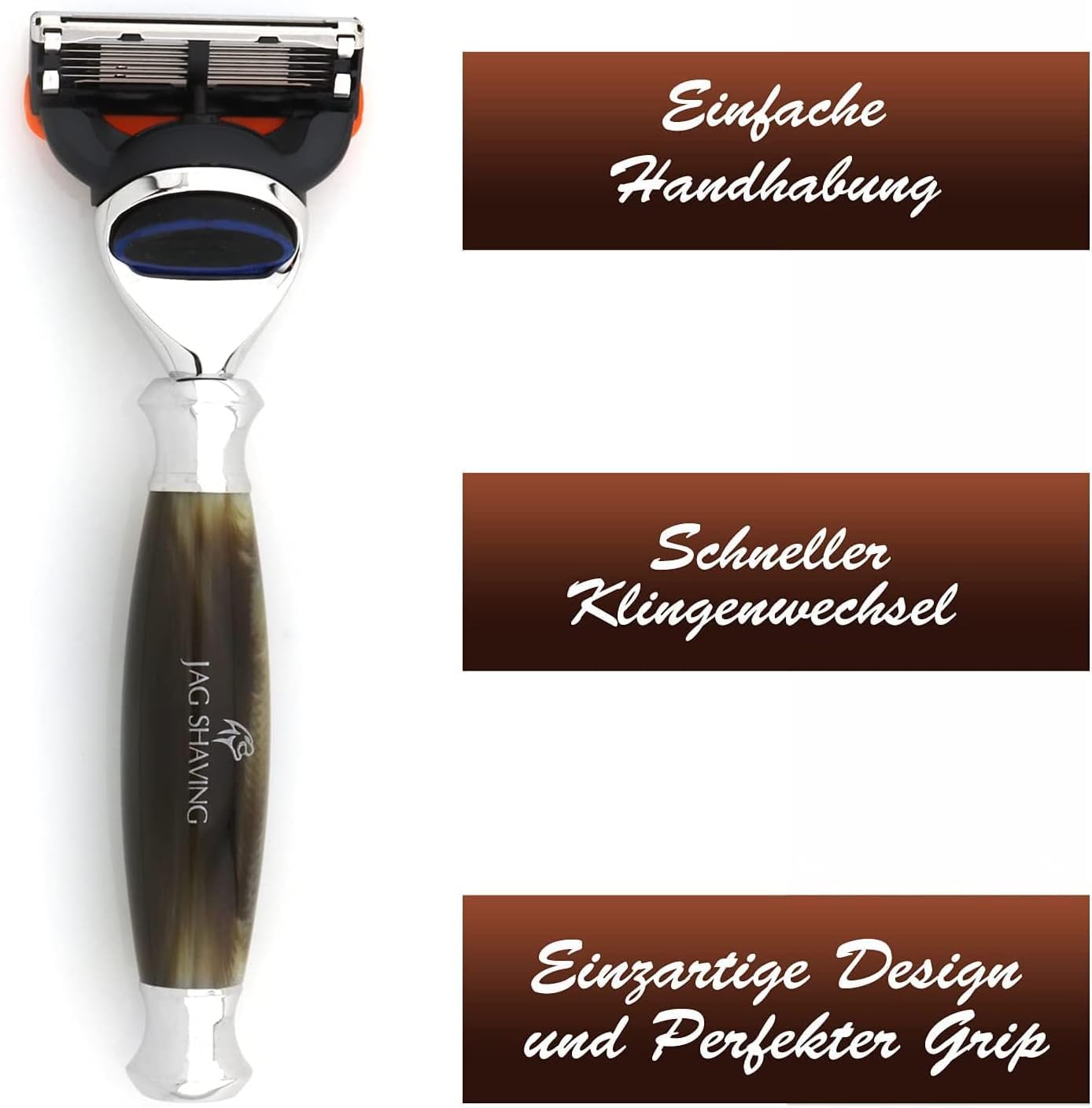 Jag Shaving Rasierset – 3-teiliges Rasierset – Jag's Lee Range – Synthetischer Silberspitzenhaar-Rasierpinsel – 5 Rasierklingen-Sicherheitsrasierer – Rasierständer – Grüne Hornimitation