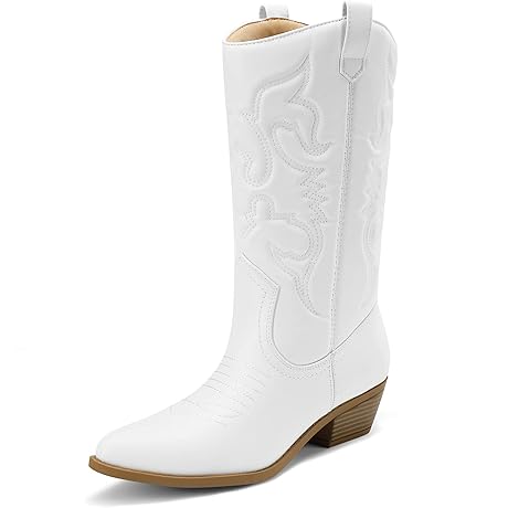 Women's Pull On Mid Calf White Cowgirl Boots