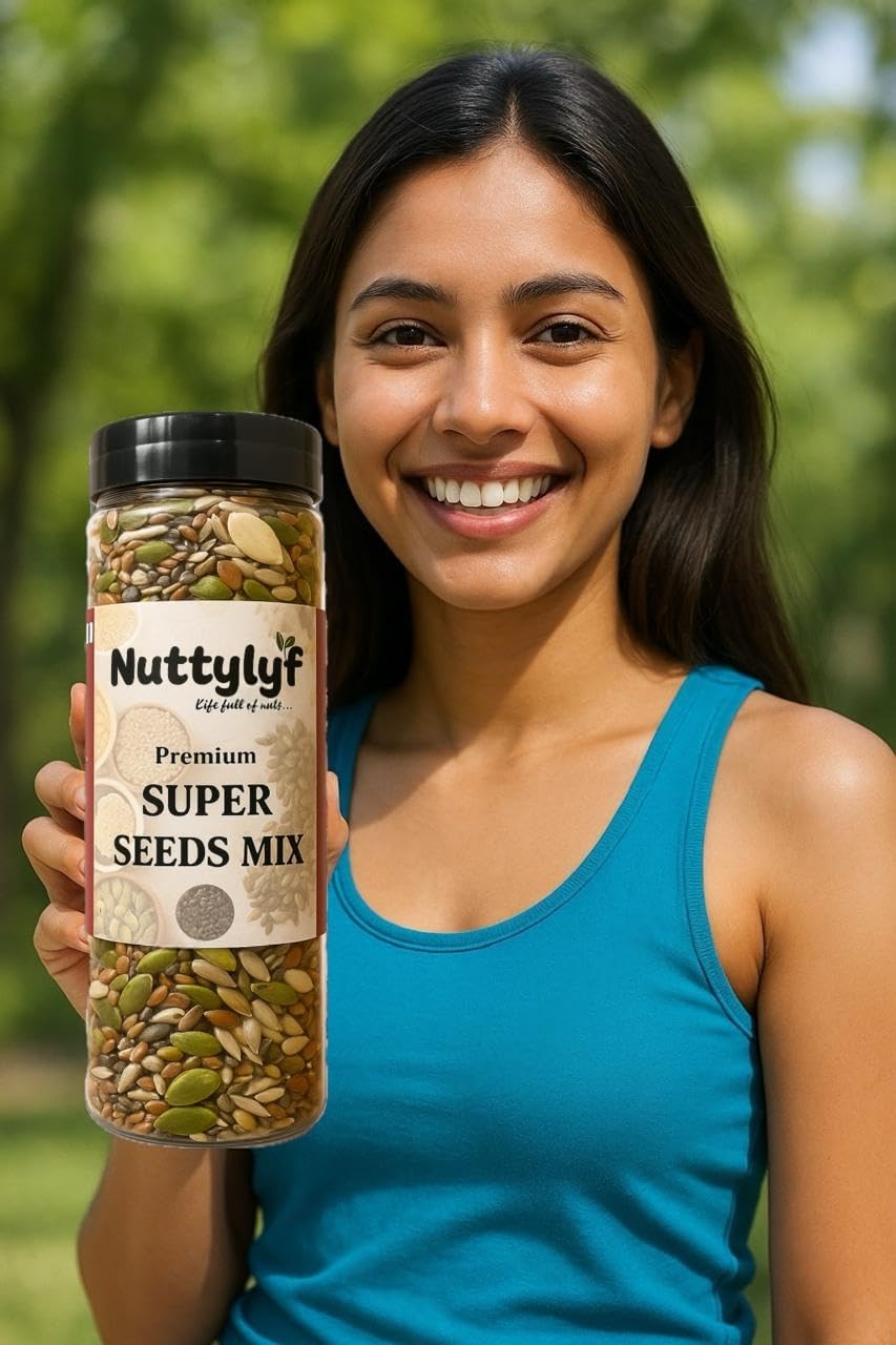 Nuttylyf 100% Natural Crunchy Seeds 5 in 1 Super Seeds Mix For Eating Chia, Pumpkin, flax, sunflower, Cranberry, Watermelon seeds High protein Roasted Diet snacks 200gm (Pack of 1) Reusable Jar 4