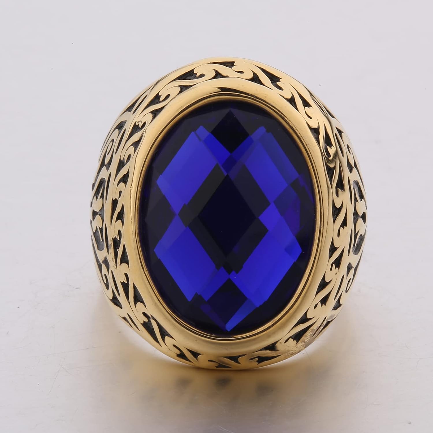 MASOP Jewellery Vintage Mens Stainless Steel CZ Ring Gold Biker Celtic Band Blue Round Stone - Image 3