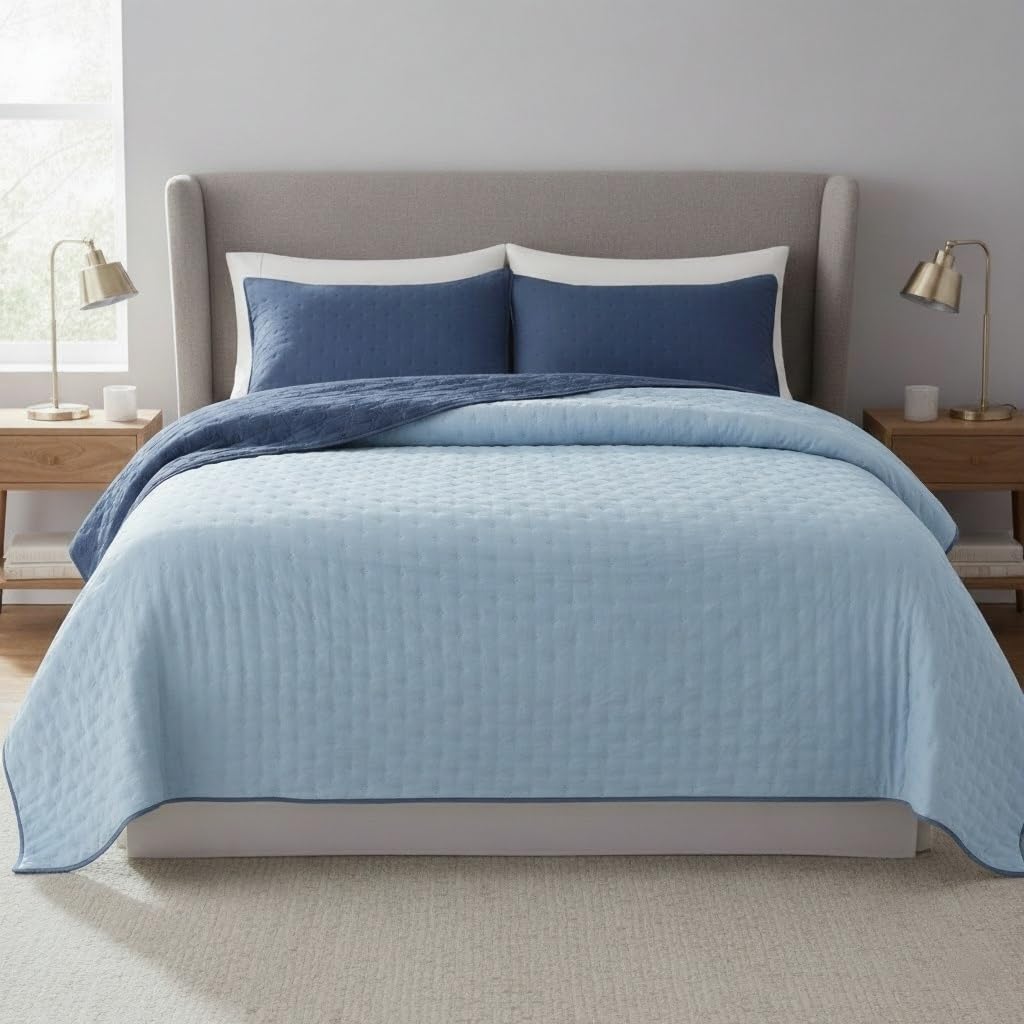 DONATELLA Colcha boutí Reversible Bicolor Luna para Primavera, Verano, otoño e Invierno. 100% Microfibra Extra Suave. Cubre Cama Multiuso - 105 cm., Azul