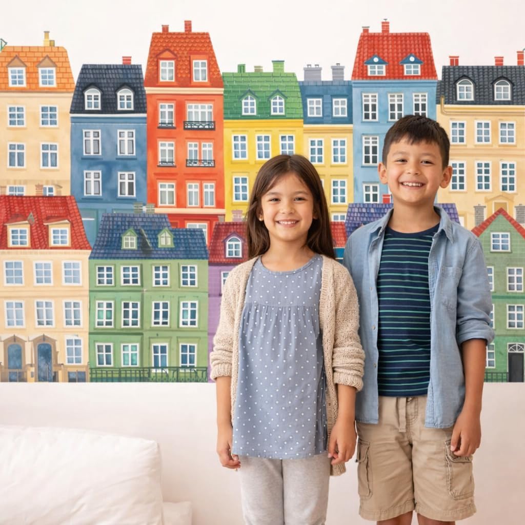Large Village Kit Wall Decal for Kids Bedroom - Copenhagen Buildings Rooftop Watercolor Decoration - Girls Boys Room Art Mural Vinyl Sticker