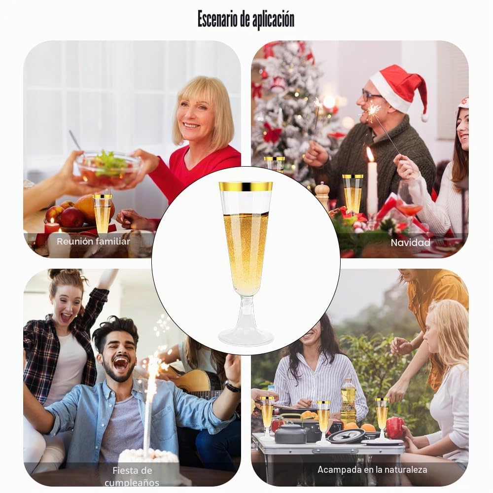 Copas de champán de plástico, 100 unidades, reutilizables, 150 ml, con bordes dorados para bodas, cumpleaños, picnics y fiestas
