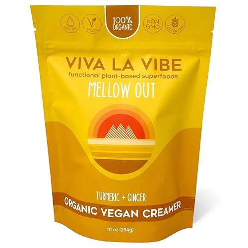 Viva La Vibe - Mellow Out Crema de café 100 % orgánica a base de plantas con cúrcuma y jengibre Sin lácteos Vegano 10 onzas (bolsa individual)