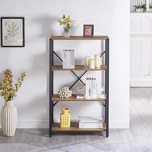 Miniatura 4 de FOLUBAN Estantería abierta de 4 niveles, estantería vintage de madera rústica y metal para oficina en casa, roble