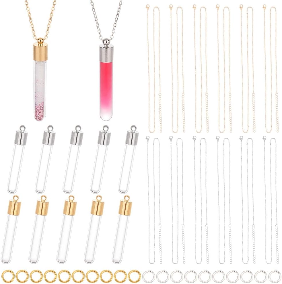 PH PandaHall 16 Sets Vial Pendant Glass Vial Necklace, Golden Platinum 16Pcs Chains Necklace Tiny Clear Bottle Hourglass Memory Wish Bottle Empty for DIY Beads Perfume Hair Jewellery Making