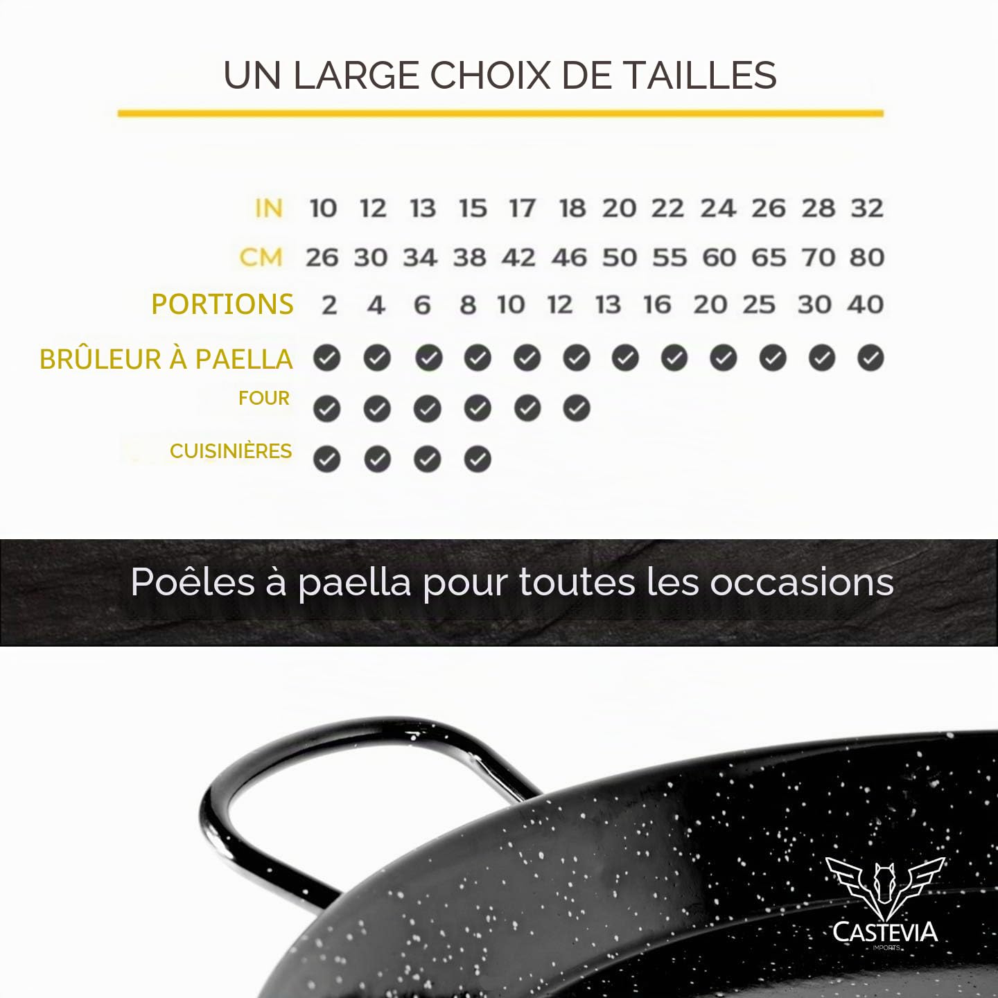 VAELLO - Plat à Paella en Métal Émaillé - Plat de Cuisson Résistant - Accessoire Cuisine Extérieure Facile à Nettoyer - Poêle à Paella à 2 Poignées, Ø 70 cm