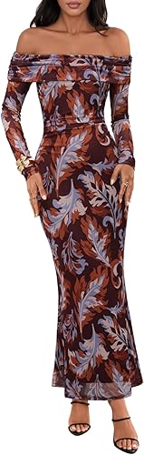Women's Fall Off Shoulder Floral Maxi Dresses Formal Long Sleeve Bodycon Cocktail Wedding Guest Dress