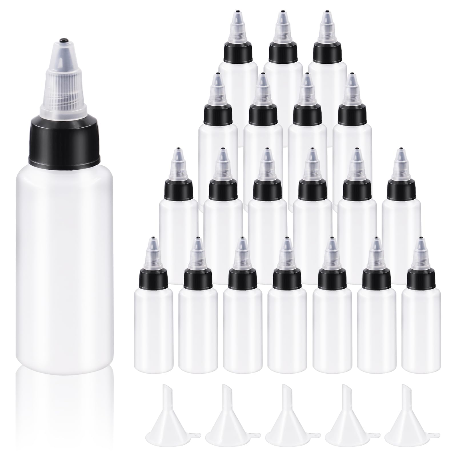 Swpeet 25 przezroczystych butelek z małymi lejkami, plastikowa butelka Boston LDPE o pojemności 30 ml, puste butelki z zakrętką Twist Top Cap do płynów z tuszem, z tworzywa sztucznego