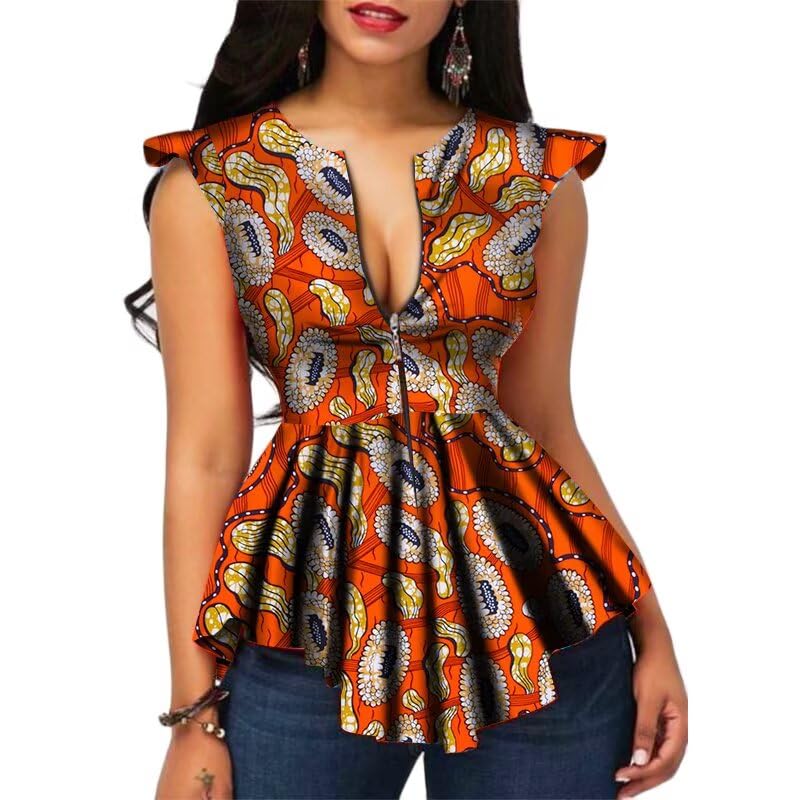 Women African Print Short Sleeves Top Shirt Dashiki V Collar Shirts Ankara Blouse