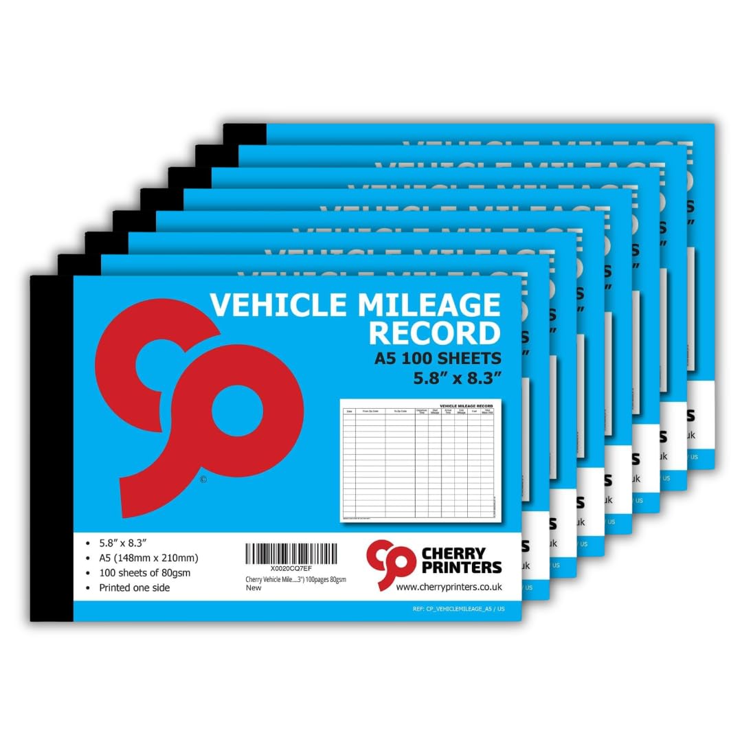 Cherry Printers Vehicle Mileage Record Log Book A5 | 8 Pack