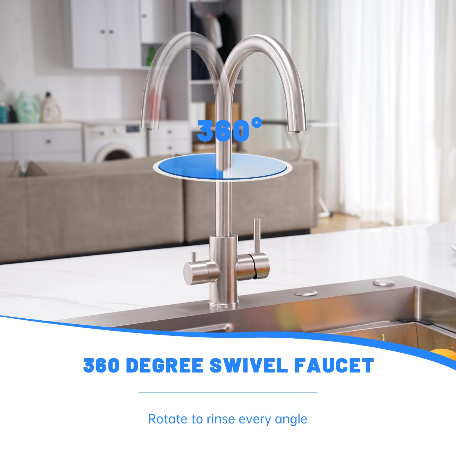 DAYONE Rubinetto da cucina a 3 vie, girevole a 360°, in acciaio inox, miscelatore da cucina per filtro dell'acqua, rubinetto potabile con 2 leve, rubinetto ad alta pressione 3 in 1, nichel spazzolato