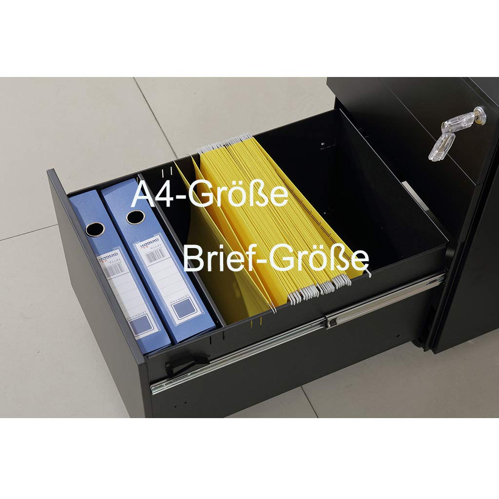 Loywe Cassettiera da Ufficio con Ruote e serratura, inclusi 3 cassetti, Contenitore per ufficio con meccanismo antiribaltamento per A4 Documenti e Cancelleria 39 x 50 x 60 cm Nero LWB020-S