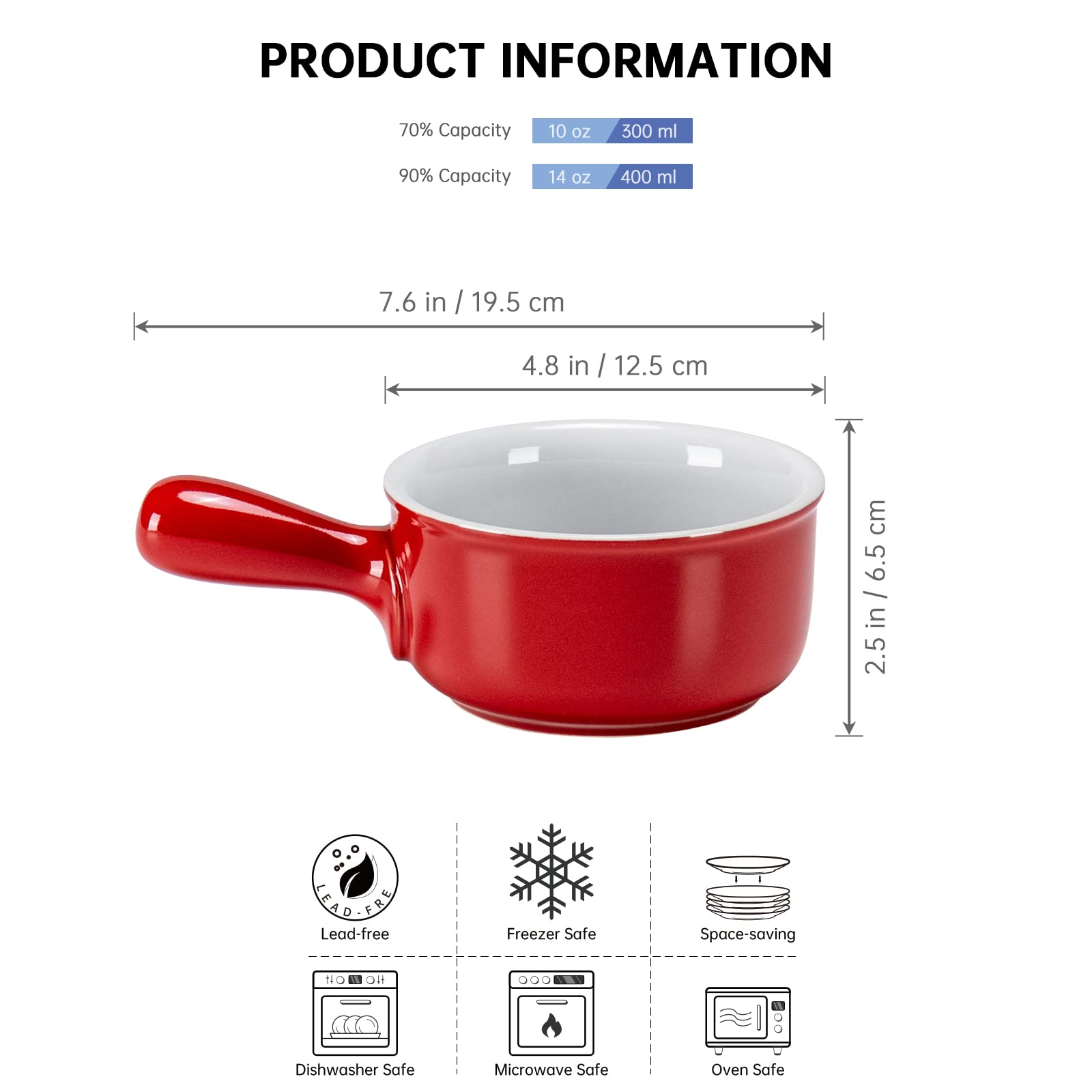 Henten Home Tazones de Sopa - 400 ml, Tazón de Sopa con Asa para Muesli/Pasta, Microondas y Horno - 4 Piezas, Rojo