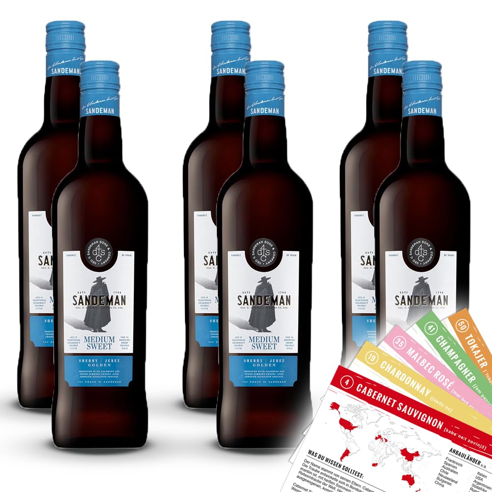 Sandeman Medium Sweet, Sherry sortenreines Weinpaket + VINOX Winecards (6x0,75l)