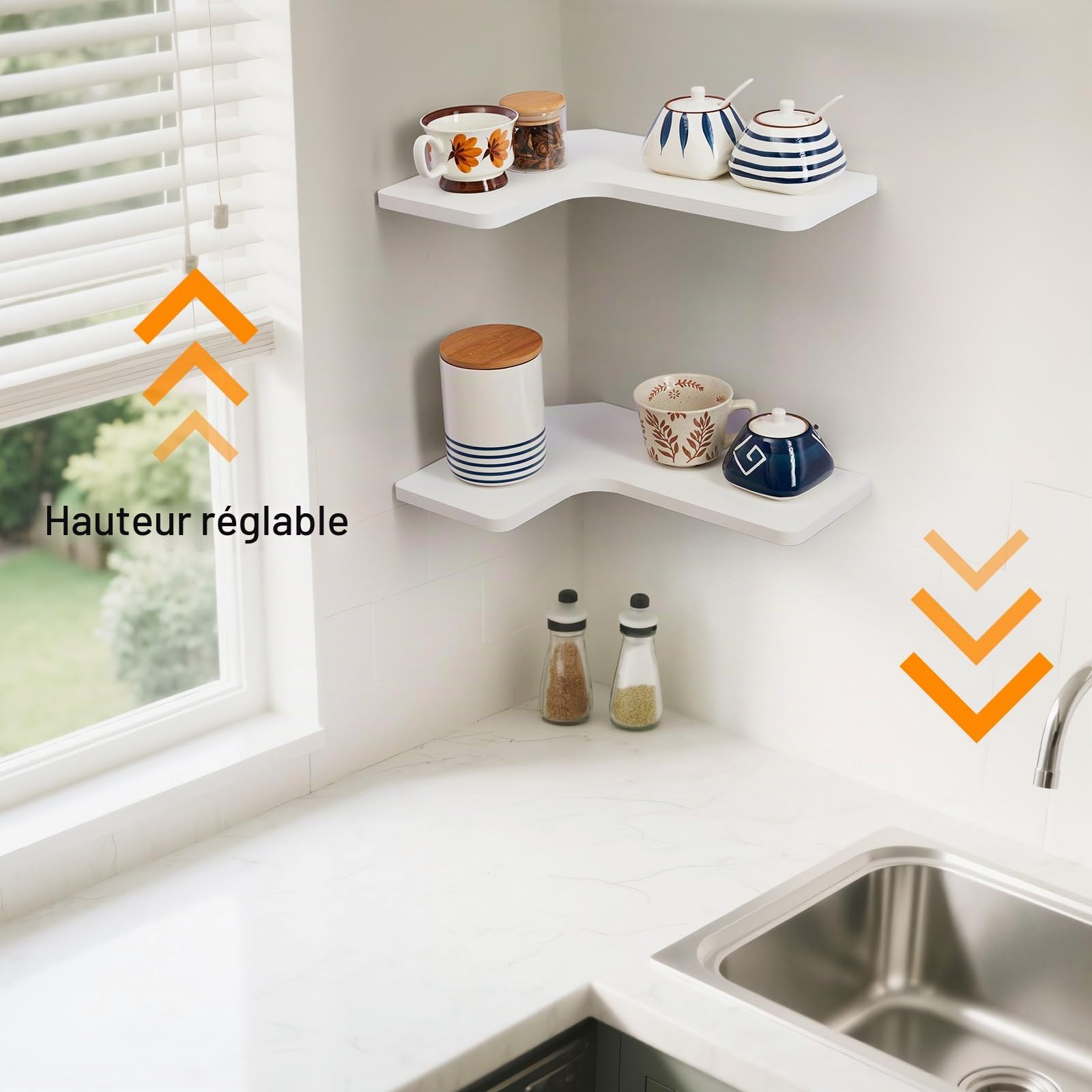 Gieanoo Étagère d'angle murale, Lot de 2 étagères murales flottantes de 40 cm pour rangement, Étagères murales d'exposition de forme L moderne pour salle de bain, chambre, cuisine, salon (Blanc)