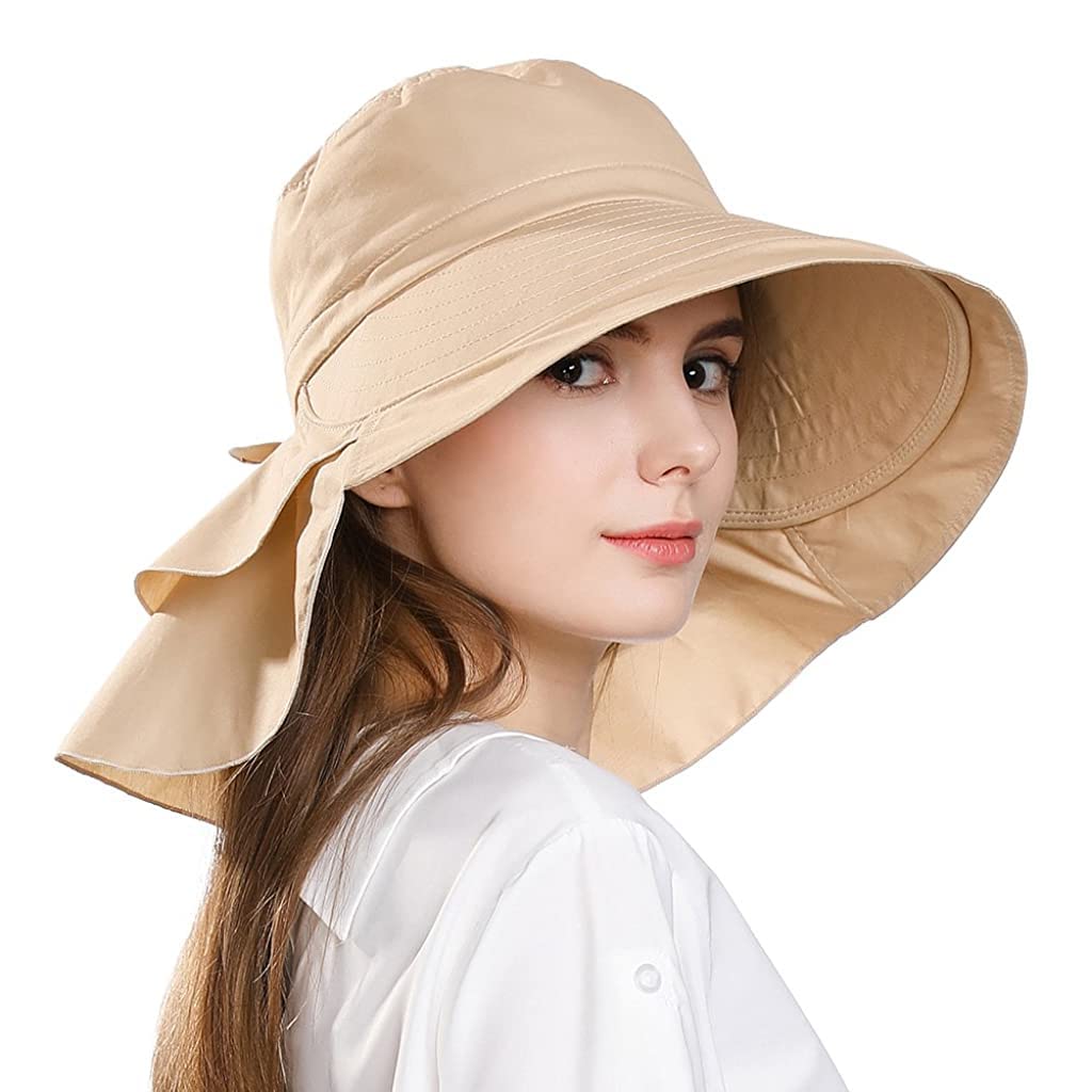 Khaki Fashion Women Wide Brim Hat UV Protection Summer Sun Hat with Ponytail Hole,Back Neck Flap Cover