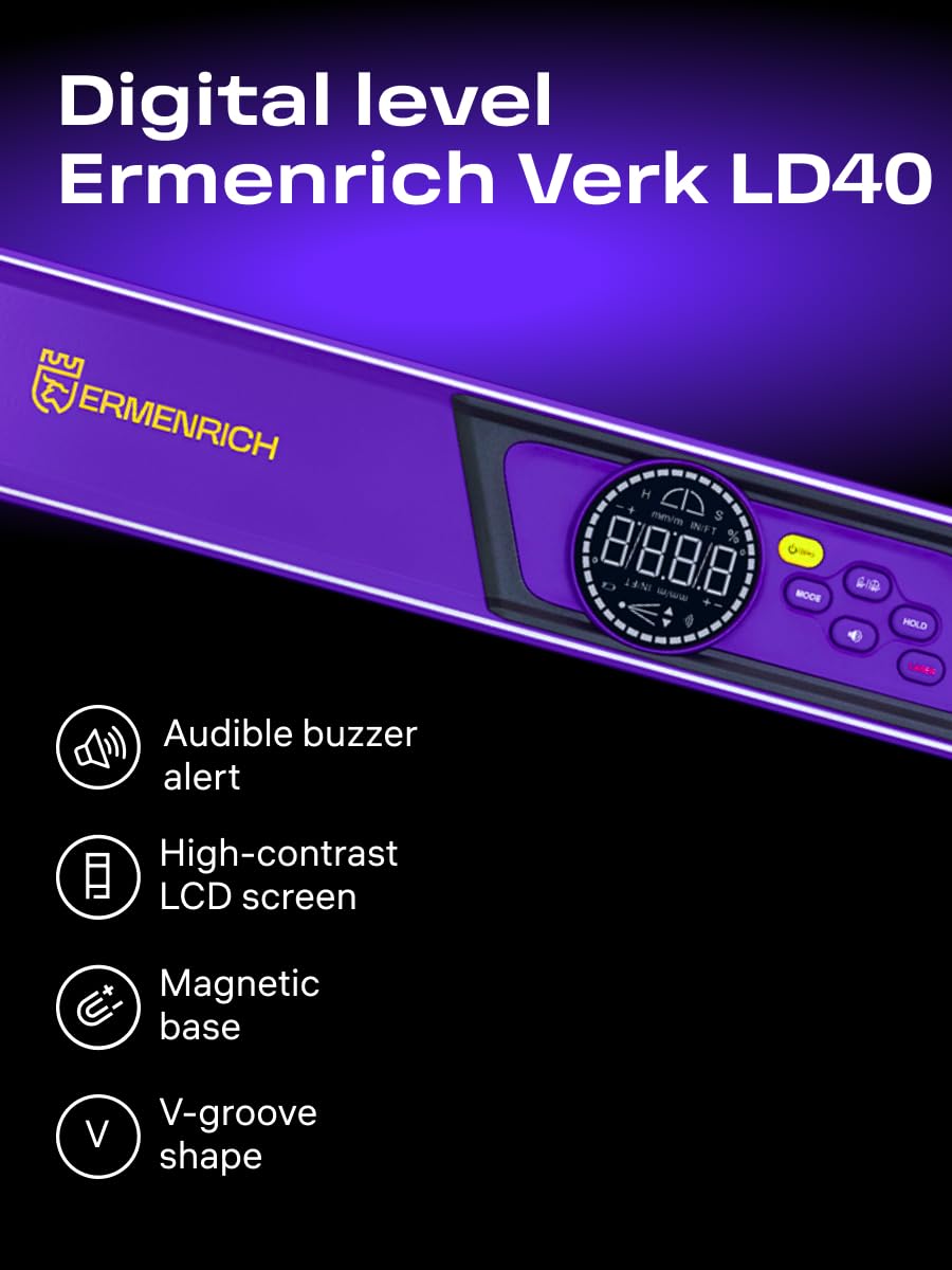 Verk LD40 Livella Digitale con Laser Integrato 0–360° Livella Elettronica 402 mm Cambio Unità Precisione ±0.1° Display LCD Spegnimento Automatico Allarme Sonoro IP54 per Edilizia e Fai da Te