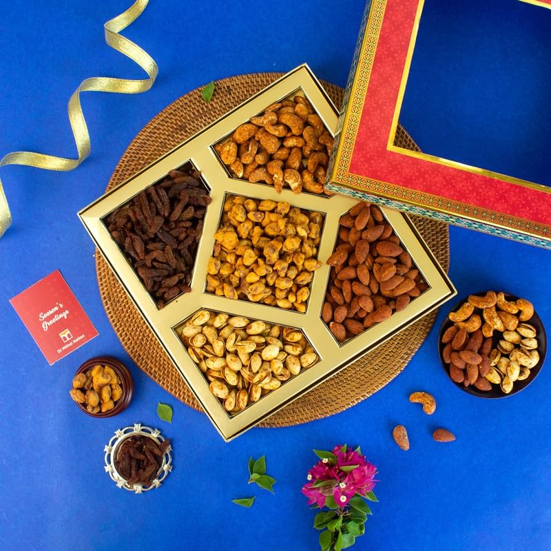 DI MITHAI NATION Dry Fruits Gift Box Dry Fruits combo Pack In 5 Flavoured Dry Fruits Classic Red and Blue Window Box
