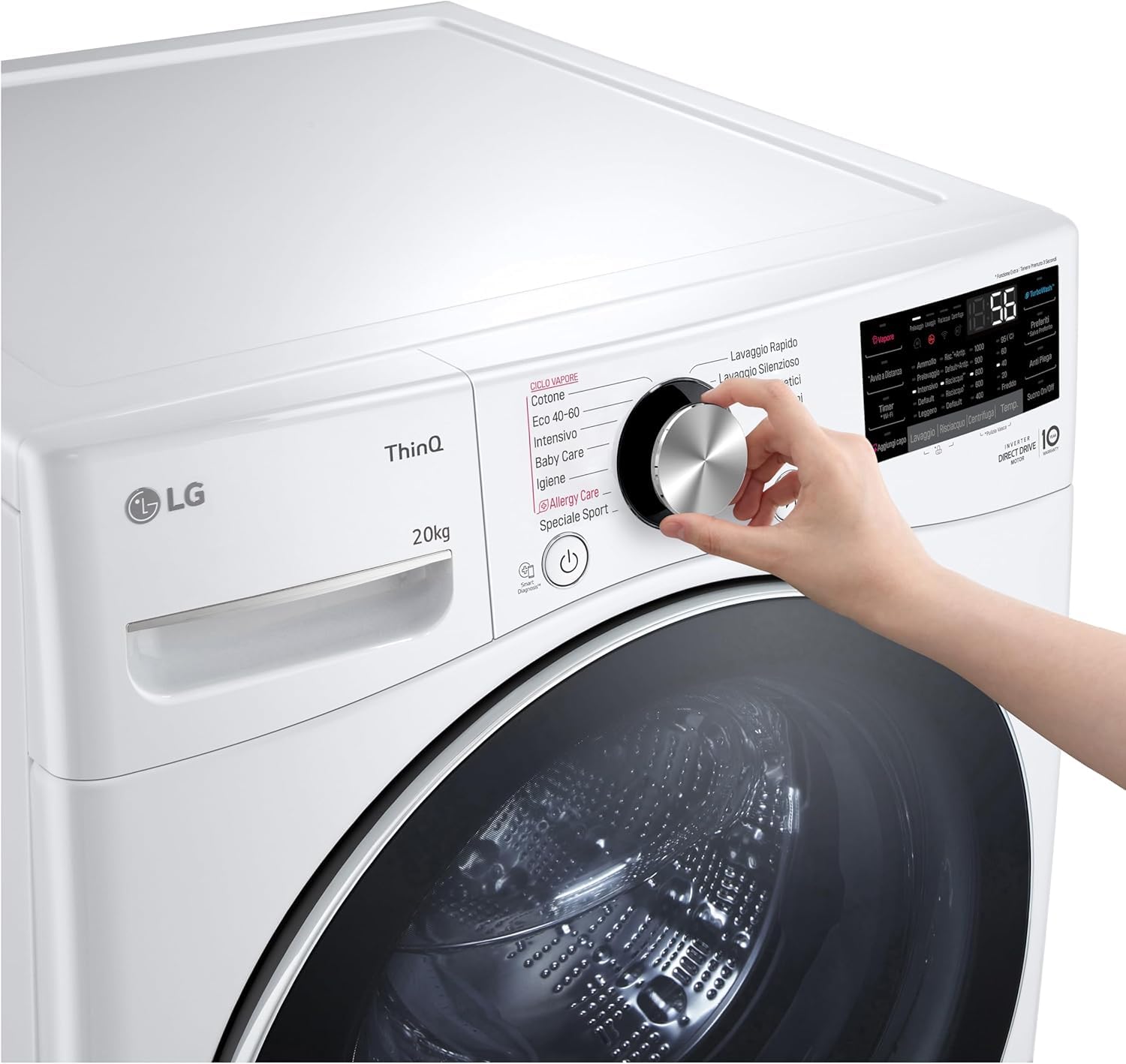 LG AI DD F0P3020TSWC Lavatrice 20kg, a Carica Frontale, Capacità XL Serie P3, Classe B, 1000 Giri, TurboWash 360, Vapore, Wi-Fi, Motore Inverter Direct Drive, Libera installazione, Bianco