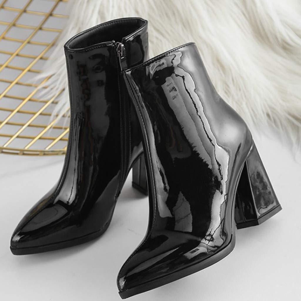 Biker-Stiefel für Damen, britische Damen-Schwarze Plateaustiefel, Kampfstiefel, Spitze Zehenpartie, Lackleder-Stiefeletten, Slip-on-Block-Bikerstiefel, einfarbige Business-Arbeitsstiefel, Elegante