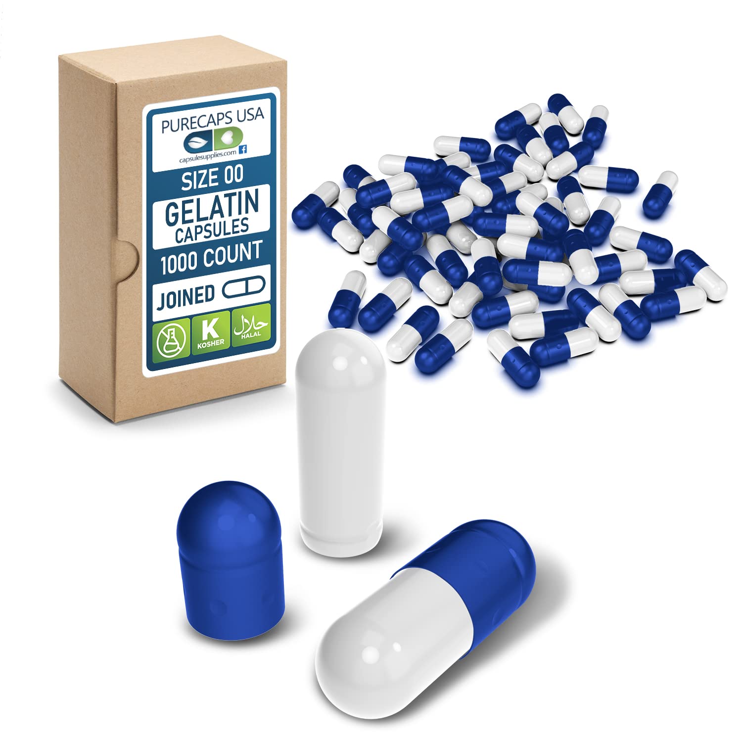 PureCaps USA - Sapphire Blue/White Fillable Empty Gelatin Capsules Size 00 (1,000 Joined Capsules)