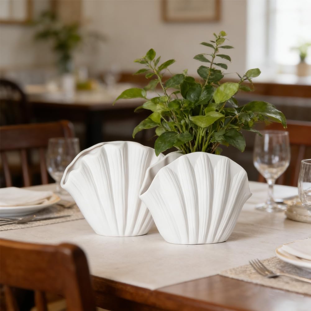 Seashell Vase Set of 2, Ivory White Matte Ceramic Sea Shell Vases, Coastal Clam Shell Shaped Shell Vases Decor for Table Centerpieces, Beach Nautical Vase for Pampas Grass, Ocean Home Decor Accents