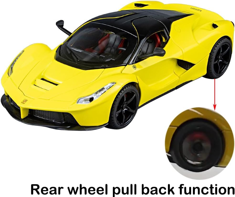 Image of FEXXA 1:22 Scale LaFerrari Die-Cast Metal Car with Sport car Openable Doors Light and Sound,Pull Back Function Indoor Outdoor Toy for Kids (Yellow)