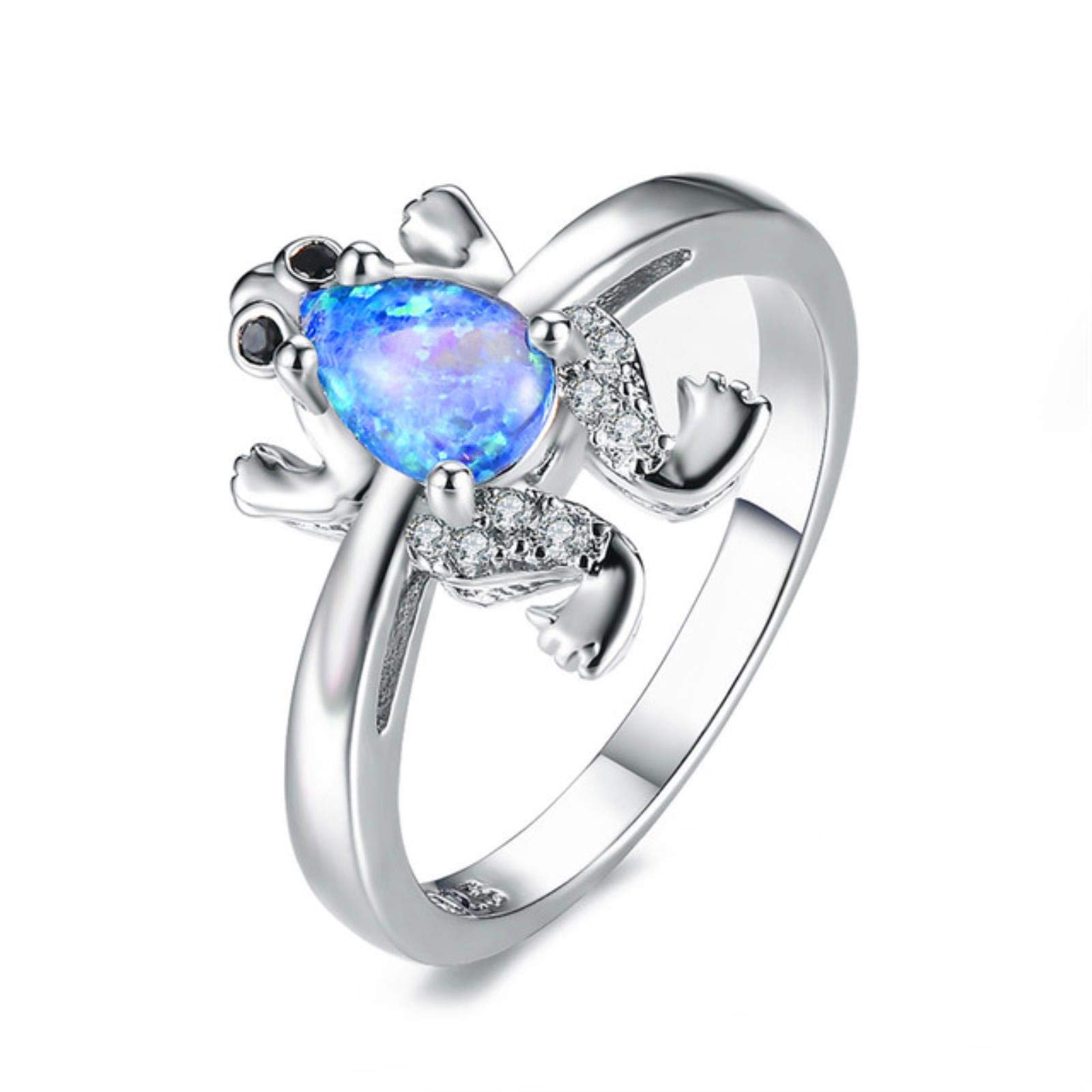 Salan Women's Blue Opal Cute Blue White Fire Opal Ring Promise Silver Color Engagement Rings For Boho Frog Animal Wedding Rings
