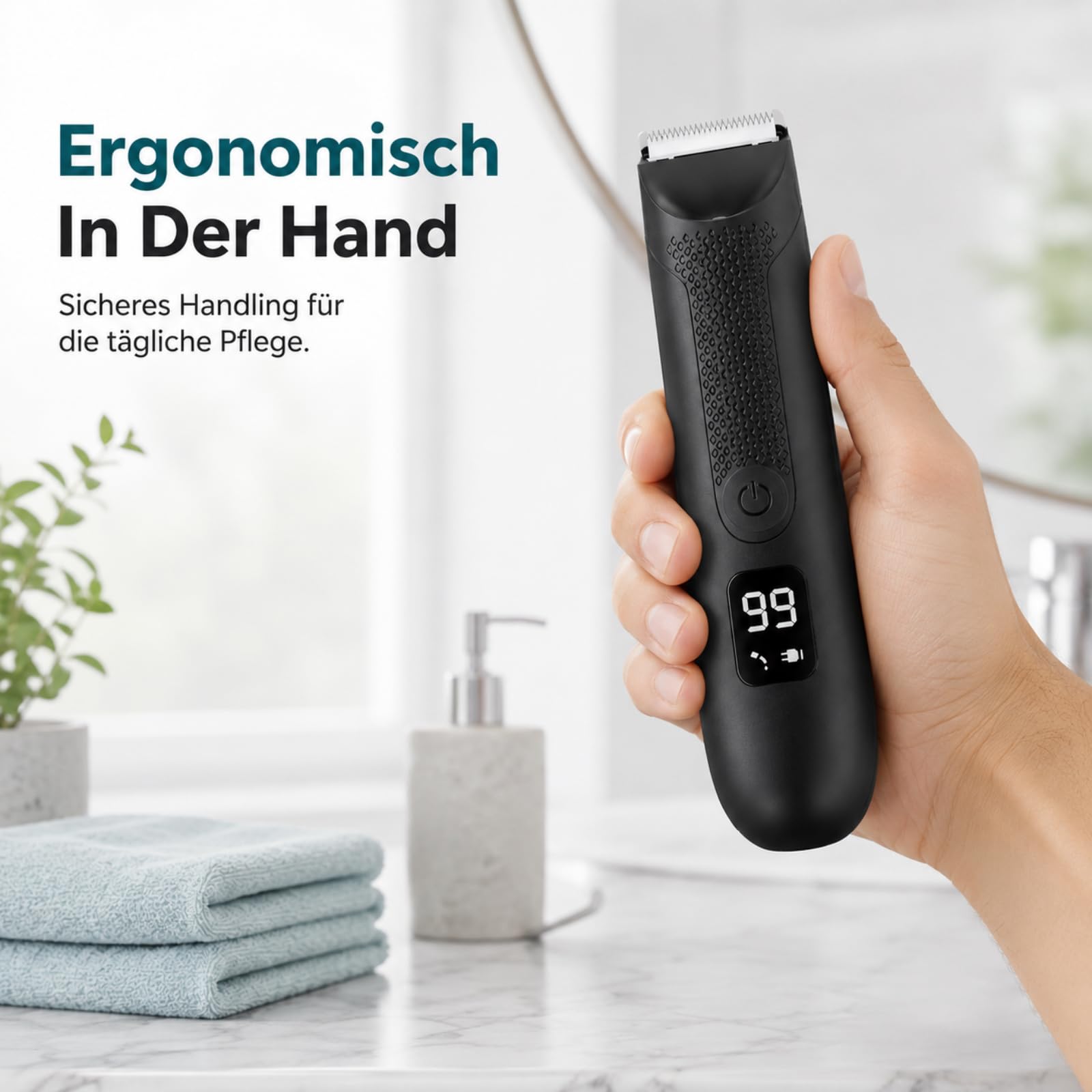 Körperhaartrimmer Herren mit LED Licht und Langem Akku Wasserdichter Bodygroomer mit Keramikklinge für Achseln Brust und Intimbereich
