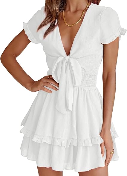 PRETTYGARDEN Women Summer Mini Short Dress 2025 Short Sleeve Casual Beach Vacation Sundress V Neck Tiered Sun Dresses