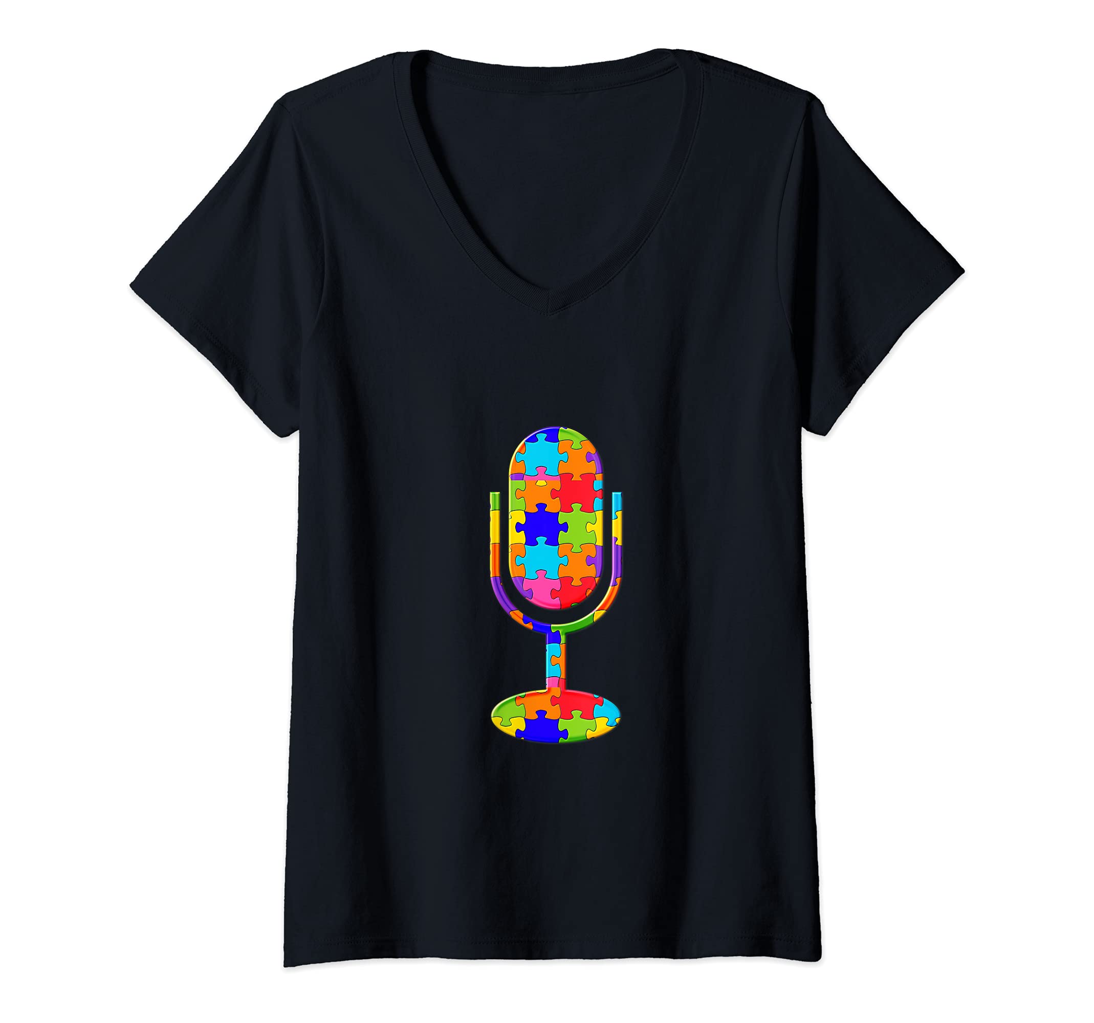 Womens Webinar Podcast Microphone Mic Jigsaw Autism Puzzle V-Neck T-Shirt