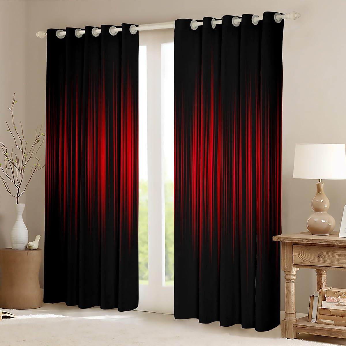 Homemissing Red and Black Ombre Window Curtains Geometric Abstract Ombre Darkening Dreapes Red and Black Striped Blackout Curtains for Kids Boys Girls Stripes Window Treatments W66*L90 - Image 2