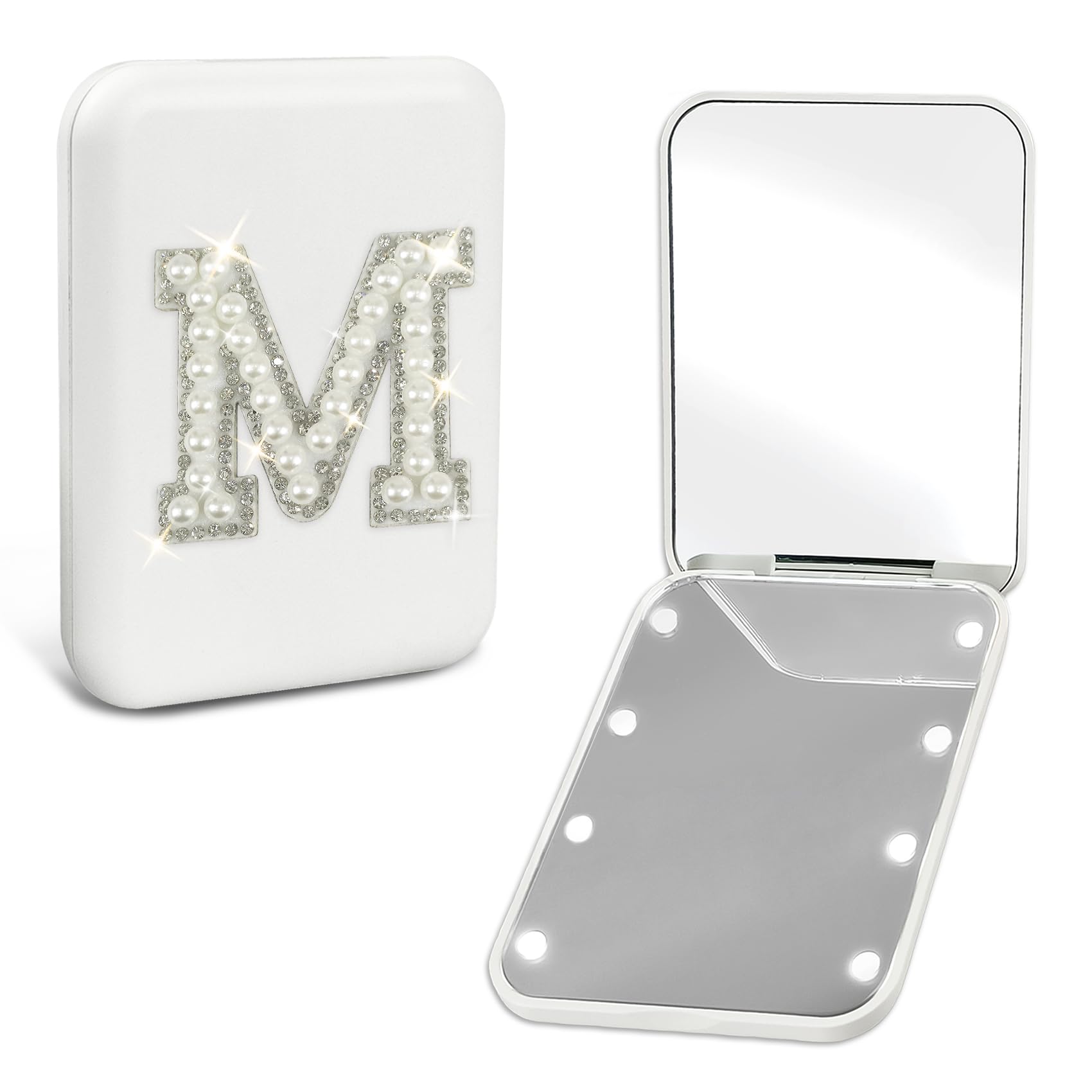 Aganmi Pearl Initial Compact Mirror with Lights Preppy 6 7 8 9 10 11 12 13 Year Old Girl Birthday Gifts Cute Mini LED Pocket Makeup Mirror Teen Girls