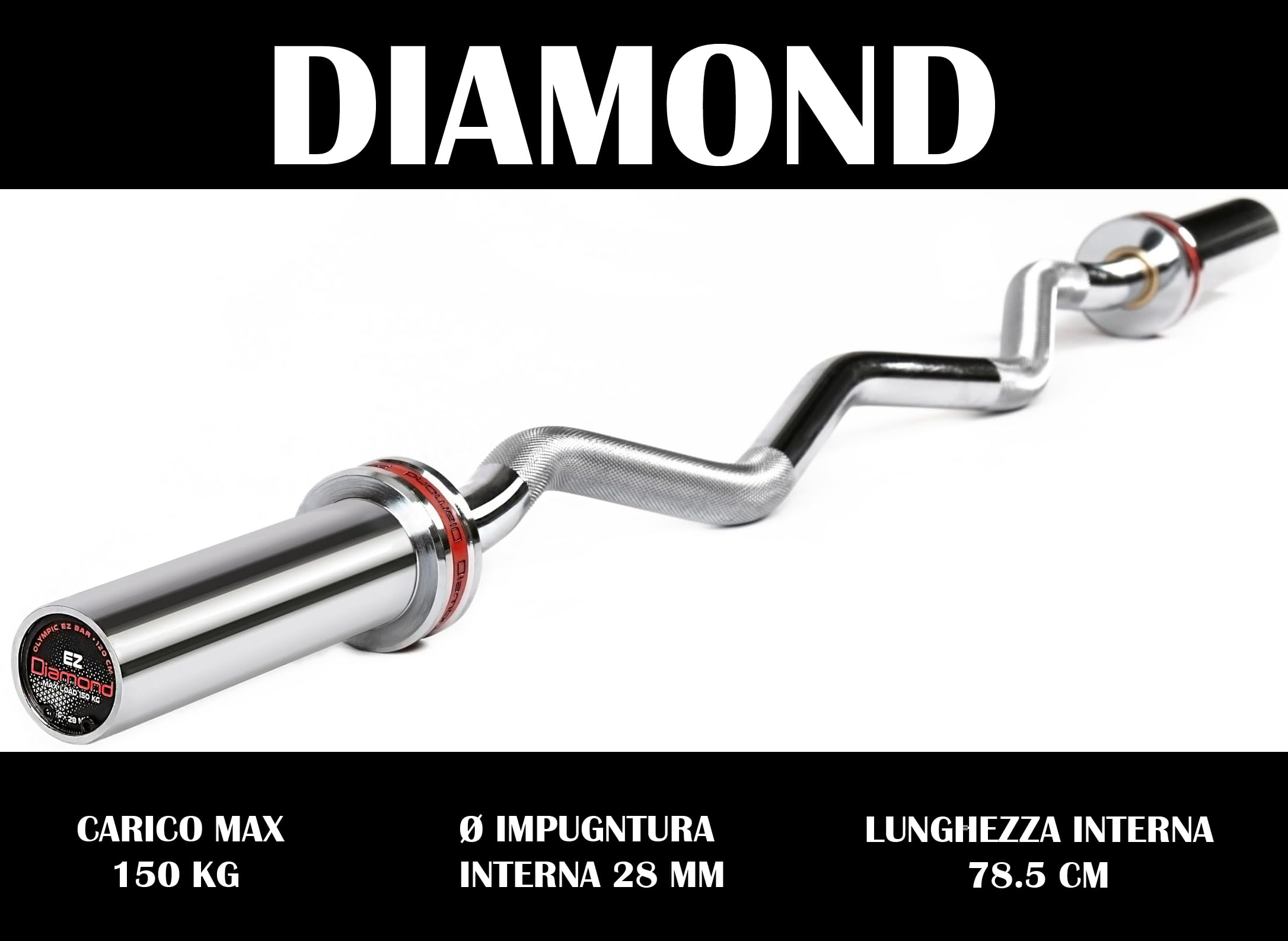 Diamond Bilanciere Olimpico EZ Curl 【Ø50 mm per Dischi Olimpici】 Lunghezza 120 cm | Peso 9 kg | Impugnatura Zigrinata Ø28 mm | Manicotti Caricabili 18 cm | Max Carico 150 kg | Curl e Tricipiti