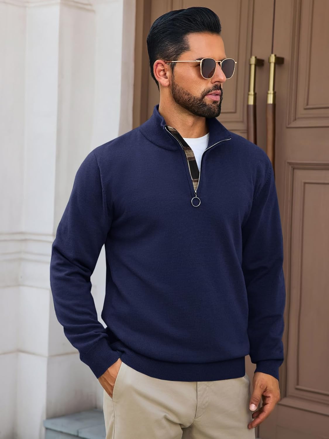 Runcati Mens Quarter Zip Pullover Sweater Lightweight Mock Neck Slim Fit Pullover Knit Casual Polo Sweaters - Image 2