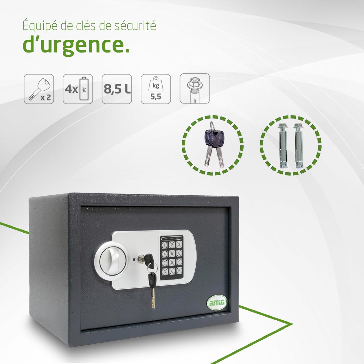 Amig Cassaforte con apertura con tastiera, con chiave di sicurezza di emergenza e pomello, Sistema anti-appannamento e anti-umping, Cassetta di sicurezza per conservare denaro o oggetti di