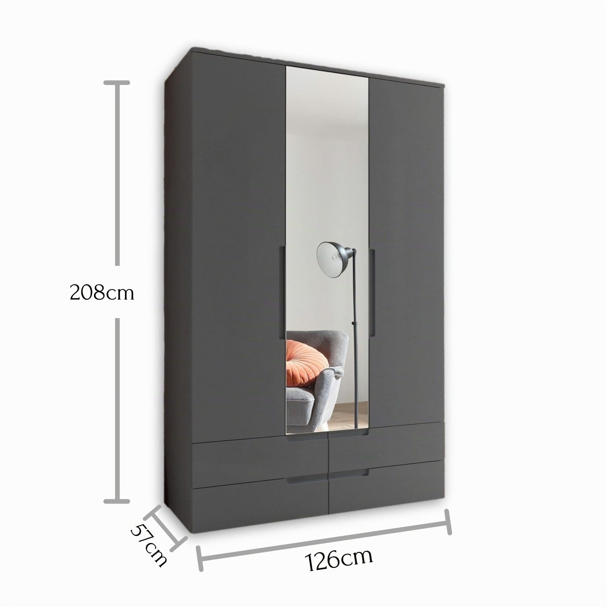 SPICE Eleganter Kleiderschrank mit viel Stauraum & Spiegeltür - Vielseitiger Drehtürenschrank in Graphit matt - 126 x 208 x 57 cm (B/H/T)