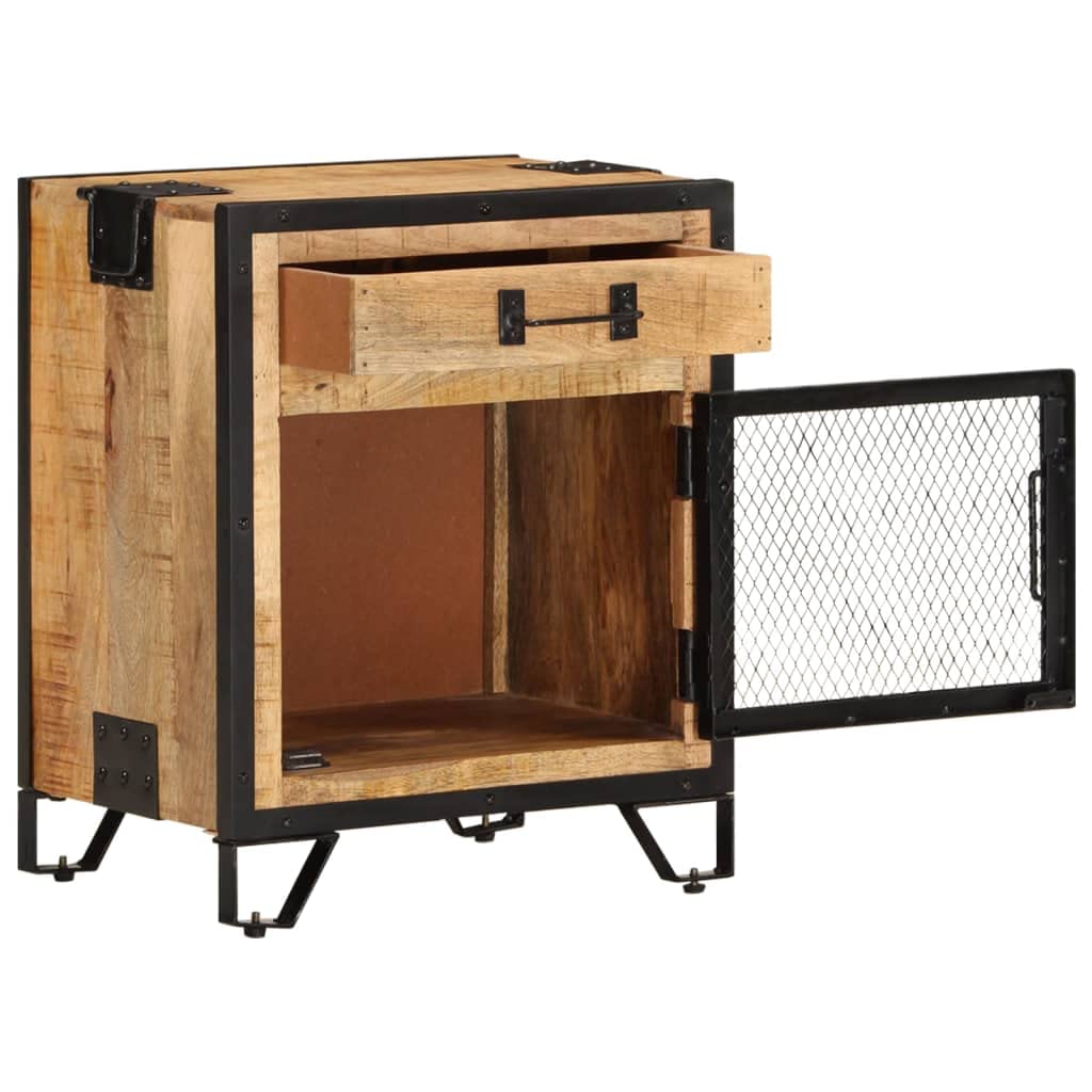 Table de chevet 43 x 30 x 51 cm en bois massif de manguier rugueux avec porte grillagée en acier - Design moderne - Commode de chevet robuste pour chambre à coucher et petites pièces