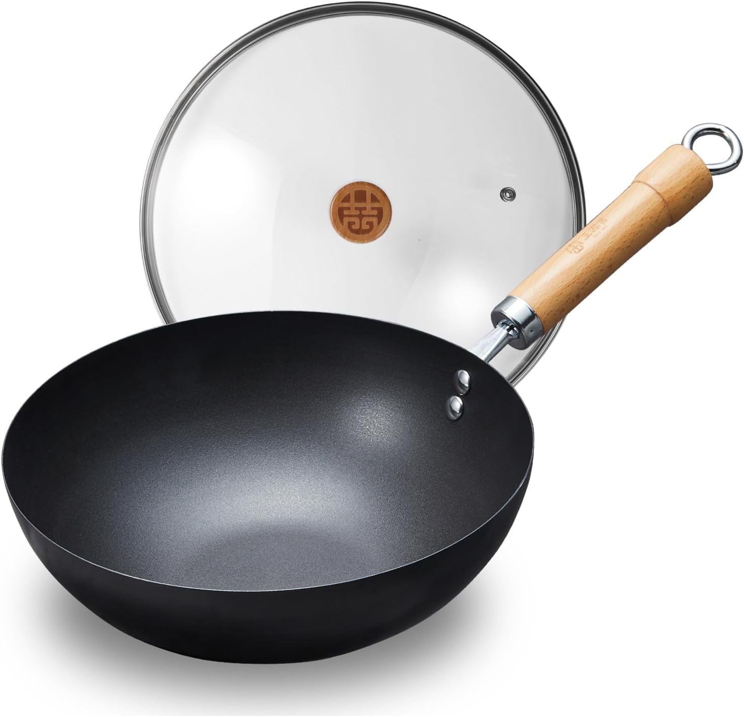 WANGYUANJI Carbon Steel Wok Pan, 11" Stir Fry Pans with Lid,No Chemical