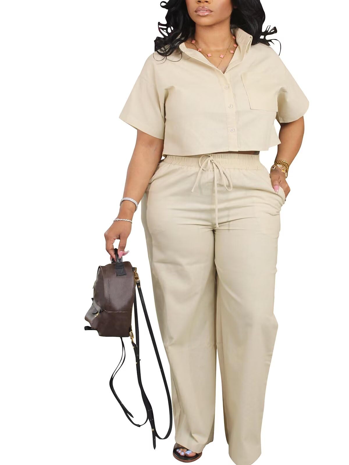 ThusFar Conjunto de 2 piezas de lino para mujer, manga corta, con botones, con cordón, pantalones largos, traje de verano para el trabajo