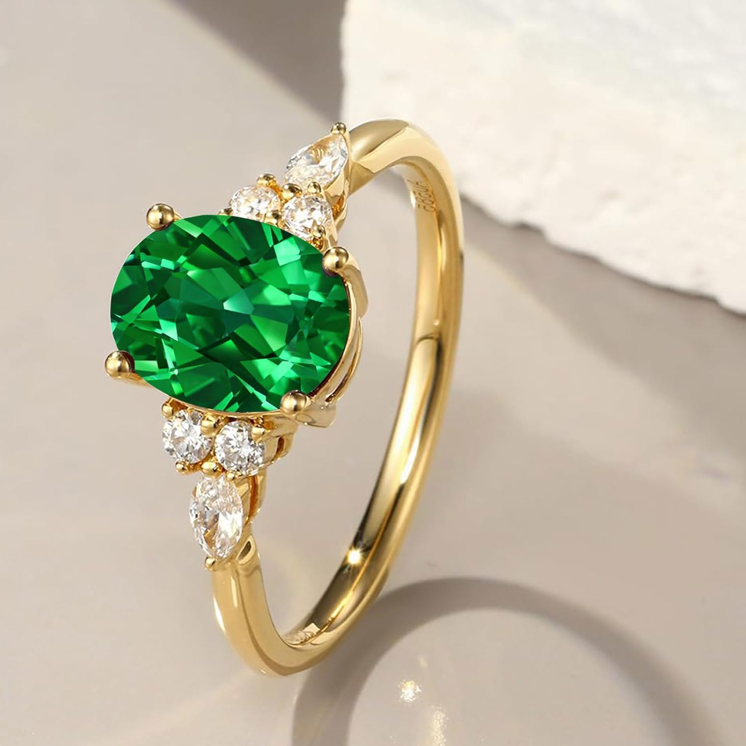 Emerald Engagement Ring for Women 925 Sterling Silver Plated 14K Yellow Gold 1.5 Carat Oval Cut Promise Wedding Rings Mother's Day Anniversary Christmas Gift for Wife Mom Girlfriend Size 5 to 12