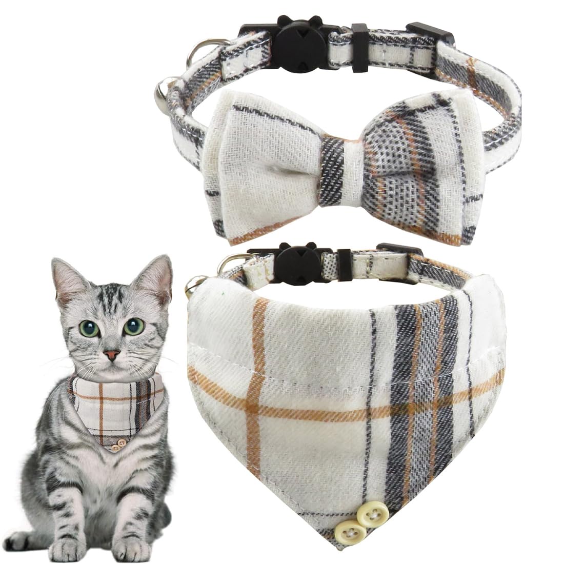 Cat Collars, Pack of 2, Cat Collars with Bell Bandana for Cats Bow Tie Dog Dog Removable Pet Collar with Bow Tie Plaid (Beige)